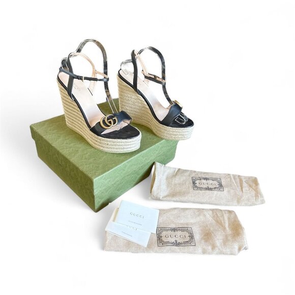 GUCCI Lifford GG Marmont Black Leather Espadrille Wedge Sandal EU 41 US 11 Aitan - Picture 1 of 8